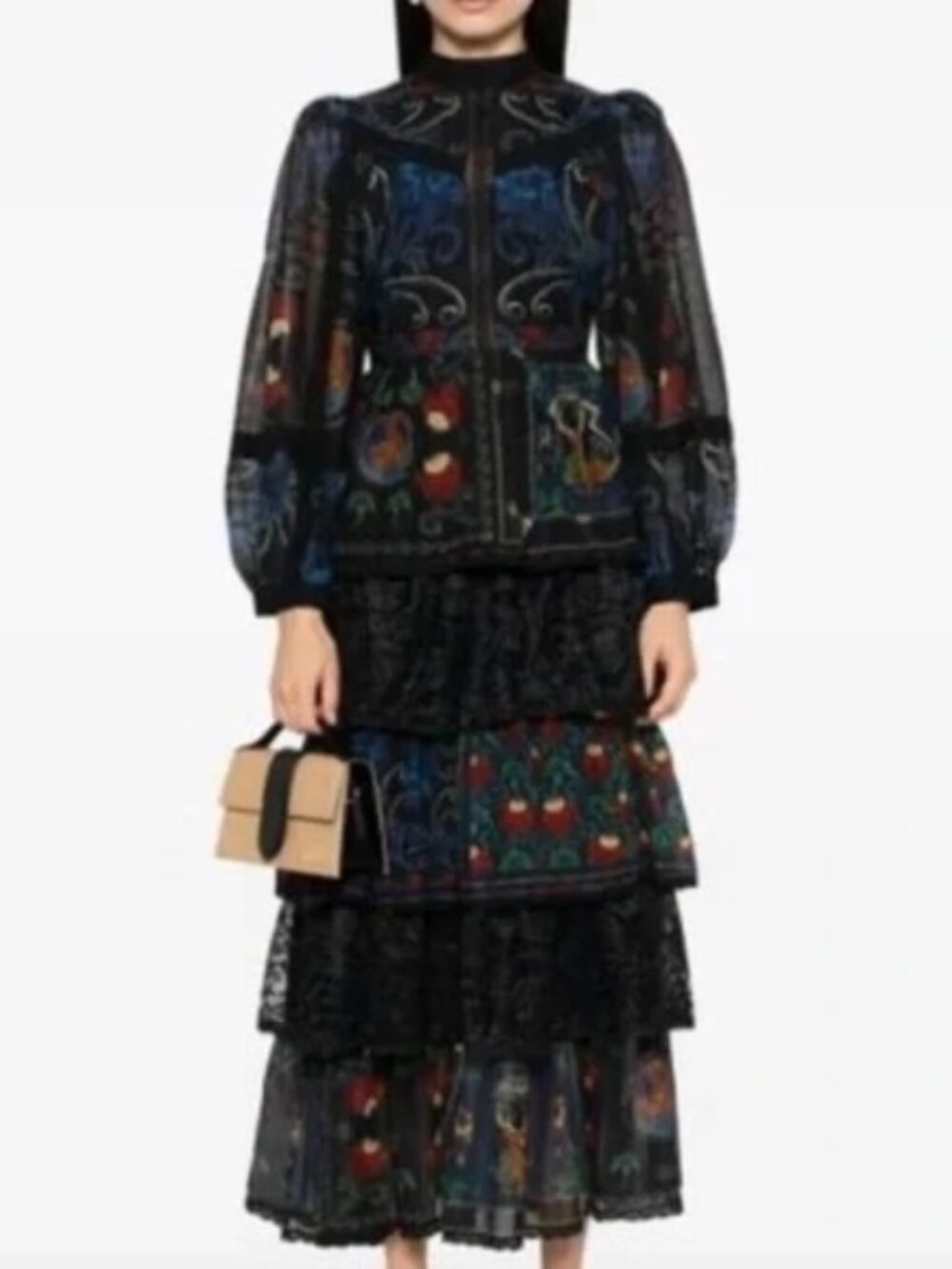 NWT FARM Rio Long Sleeve Arabesque Scarves Navy Blue Maxi Dress Sz L